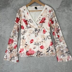 Wrapper Mesh Top Women Large Cream Floral Dragon Print Bell Sleeve Vintage Y2K